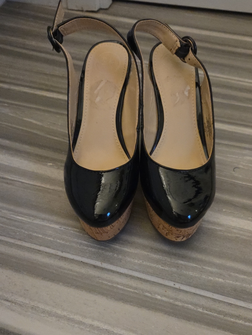 Guess Black Patent Cork Platform Slingback Wedges